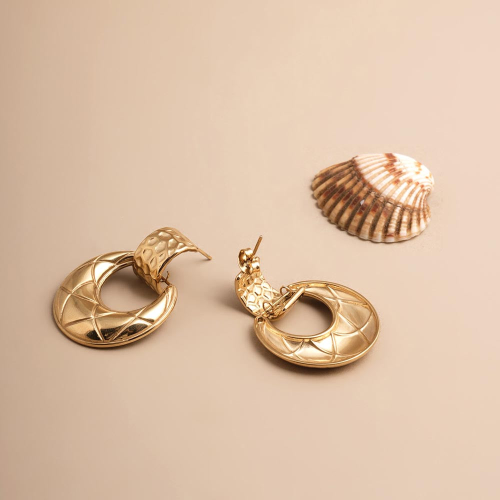 Quilted Dome Gold Dangle Earrings