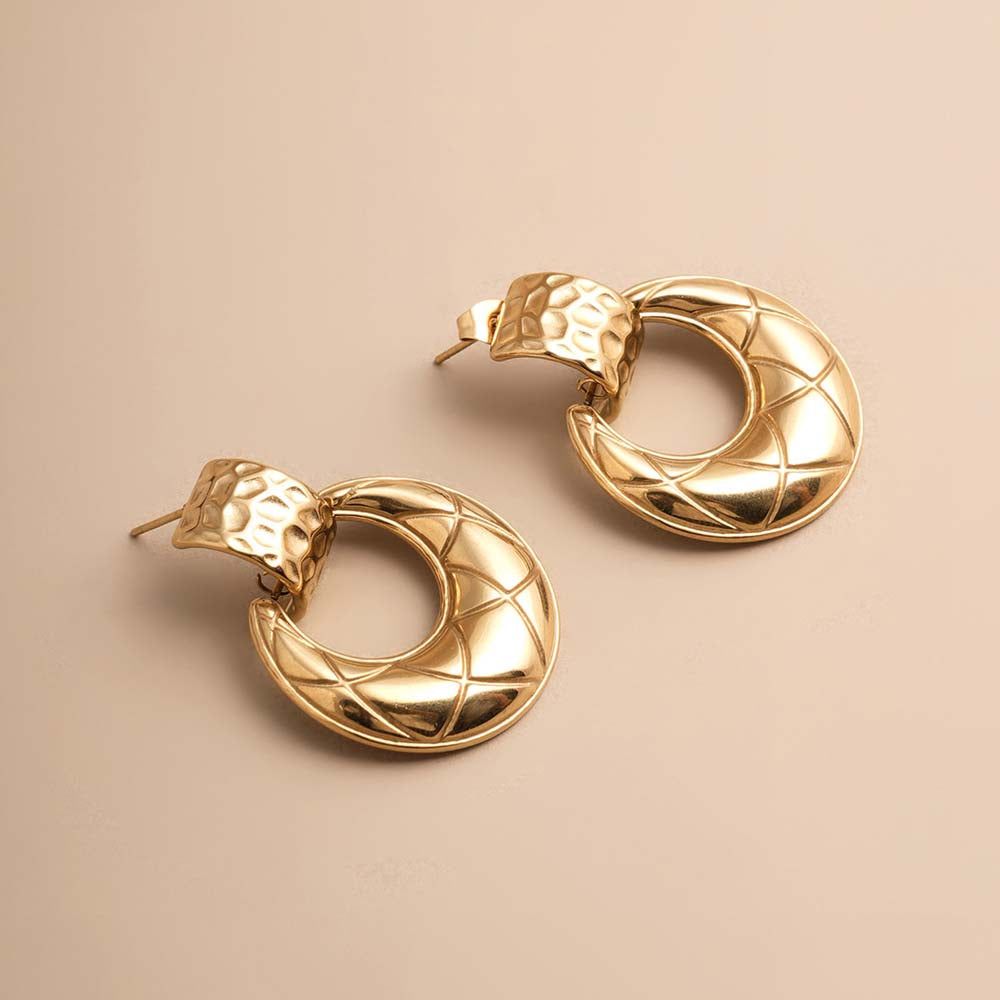 Quilted Dome Gold Dangle Earrings