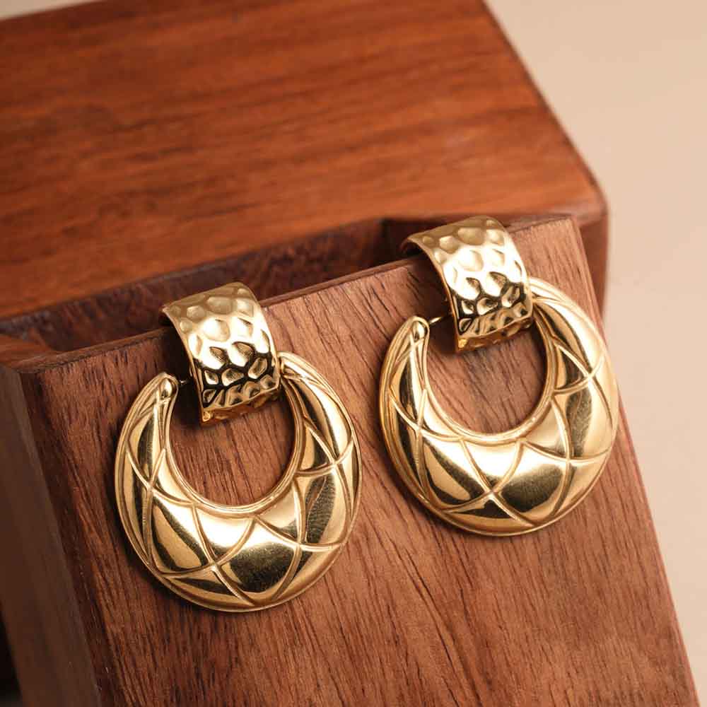 Quilted Dome Gold Dangle Earrings
