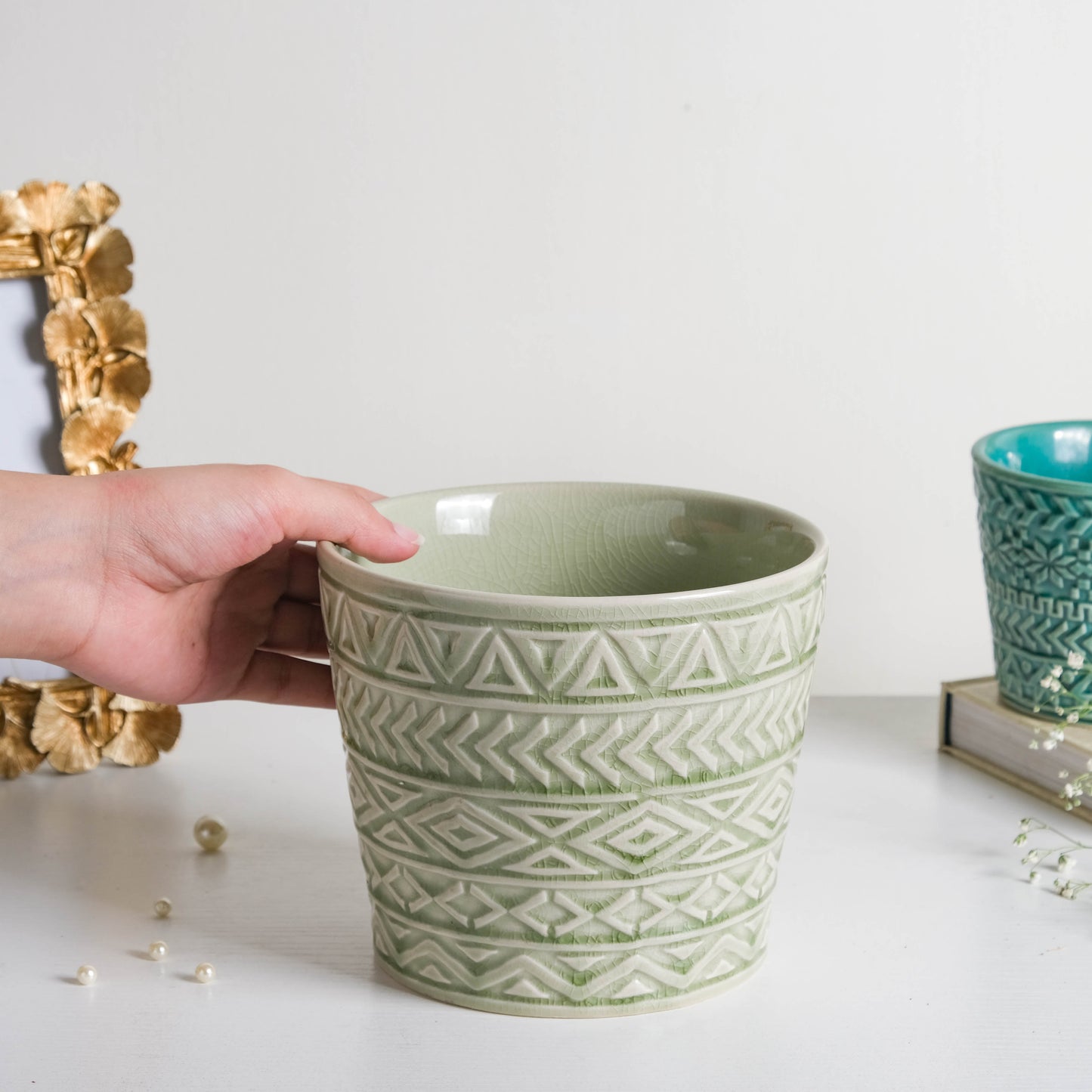 Intricate Texture Sage Green Pot