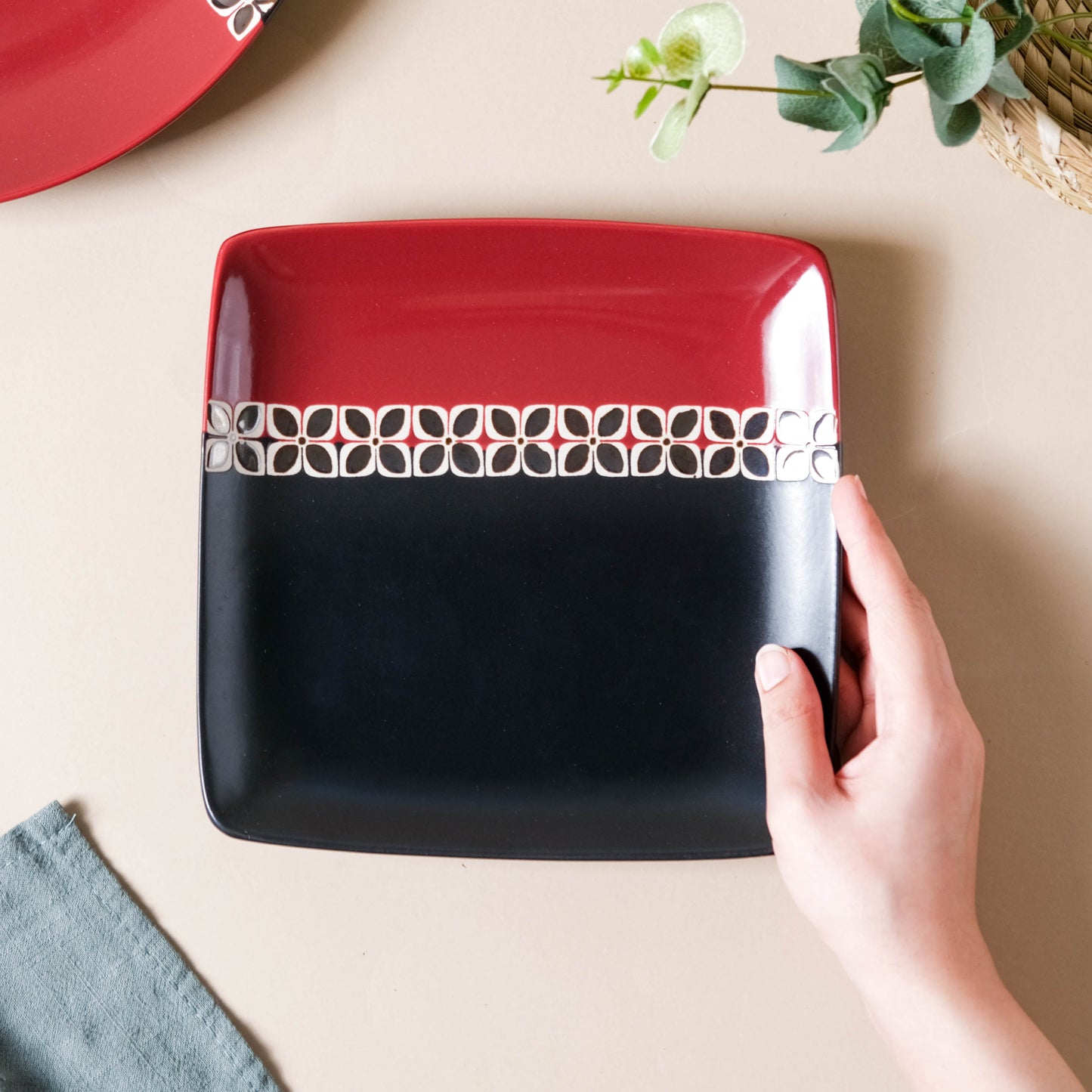 Carmine Red and Black Square Plate 8 Inch