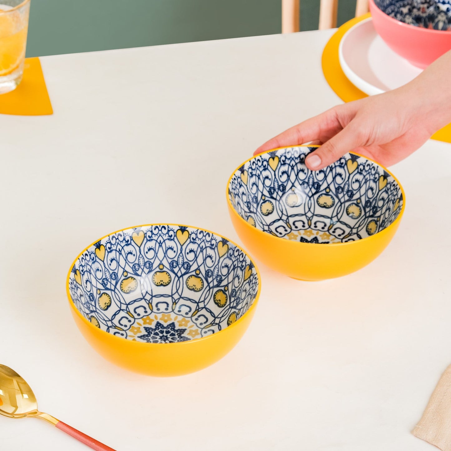 Mandala Ceramic Snack Bowl Yellow 400ml Set Of 2