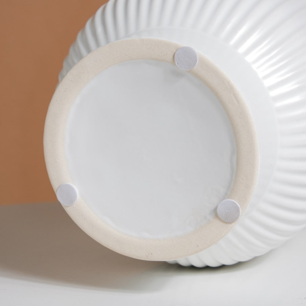 Nordic Ribbed Ceramic White Vase With Stand