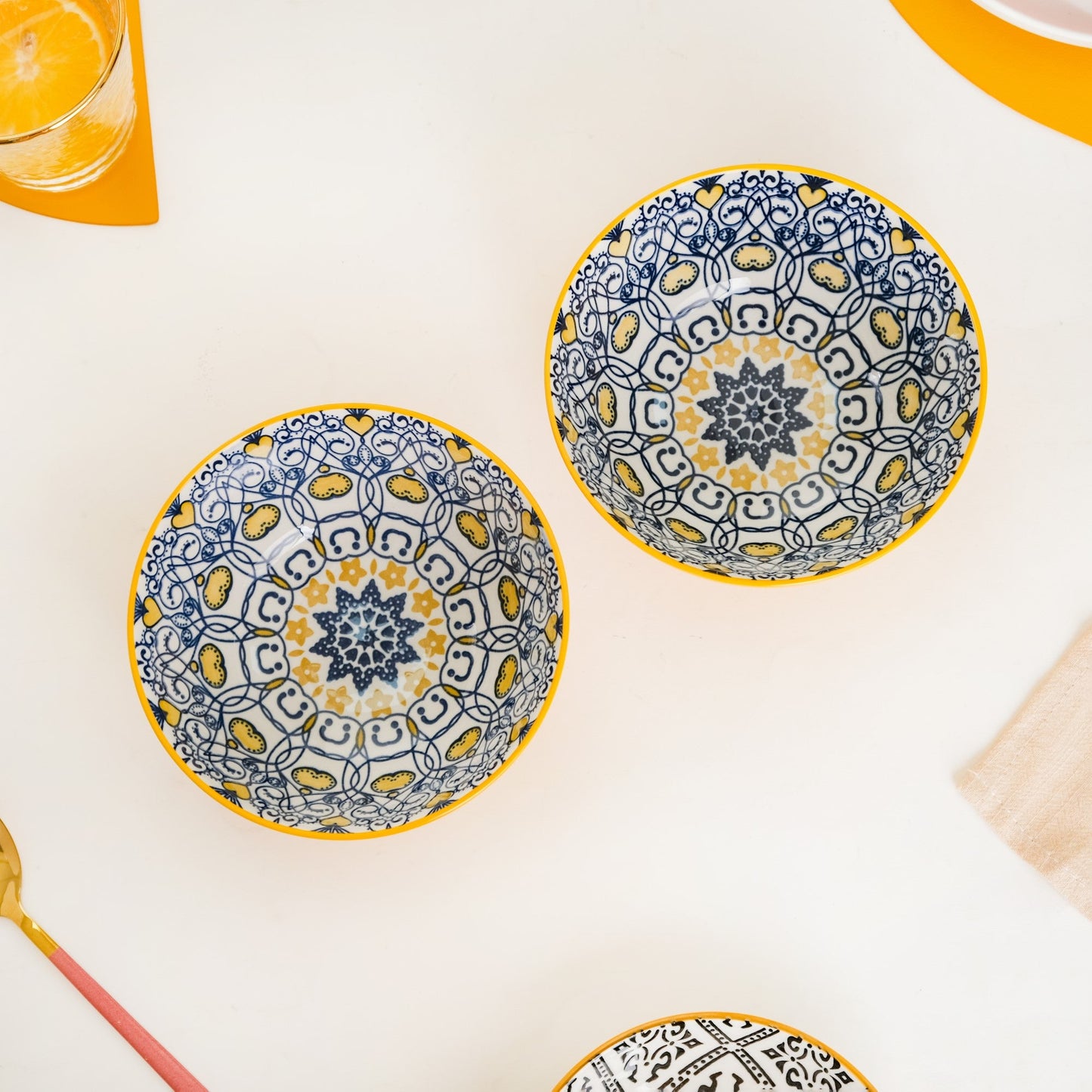 Mandala Ceramic Snack Bowl Yellow 400ml Set Of 2