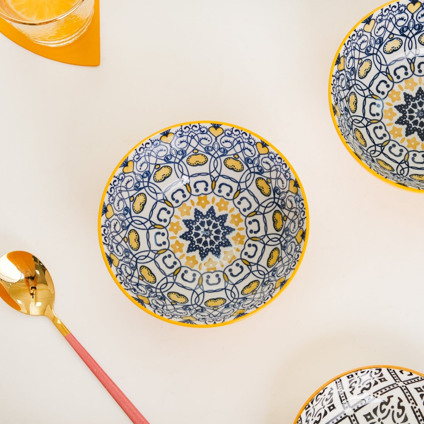 Mandala Ceramic Snack Bowl Yellow 400ml Set Of 2