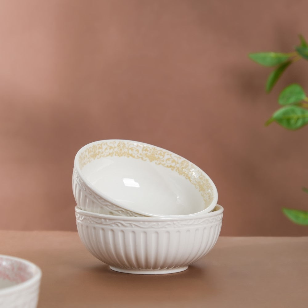 Engraved Rim Ceramic Snack Bowl Yellow Set Of 2