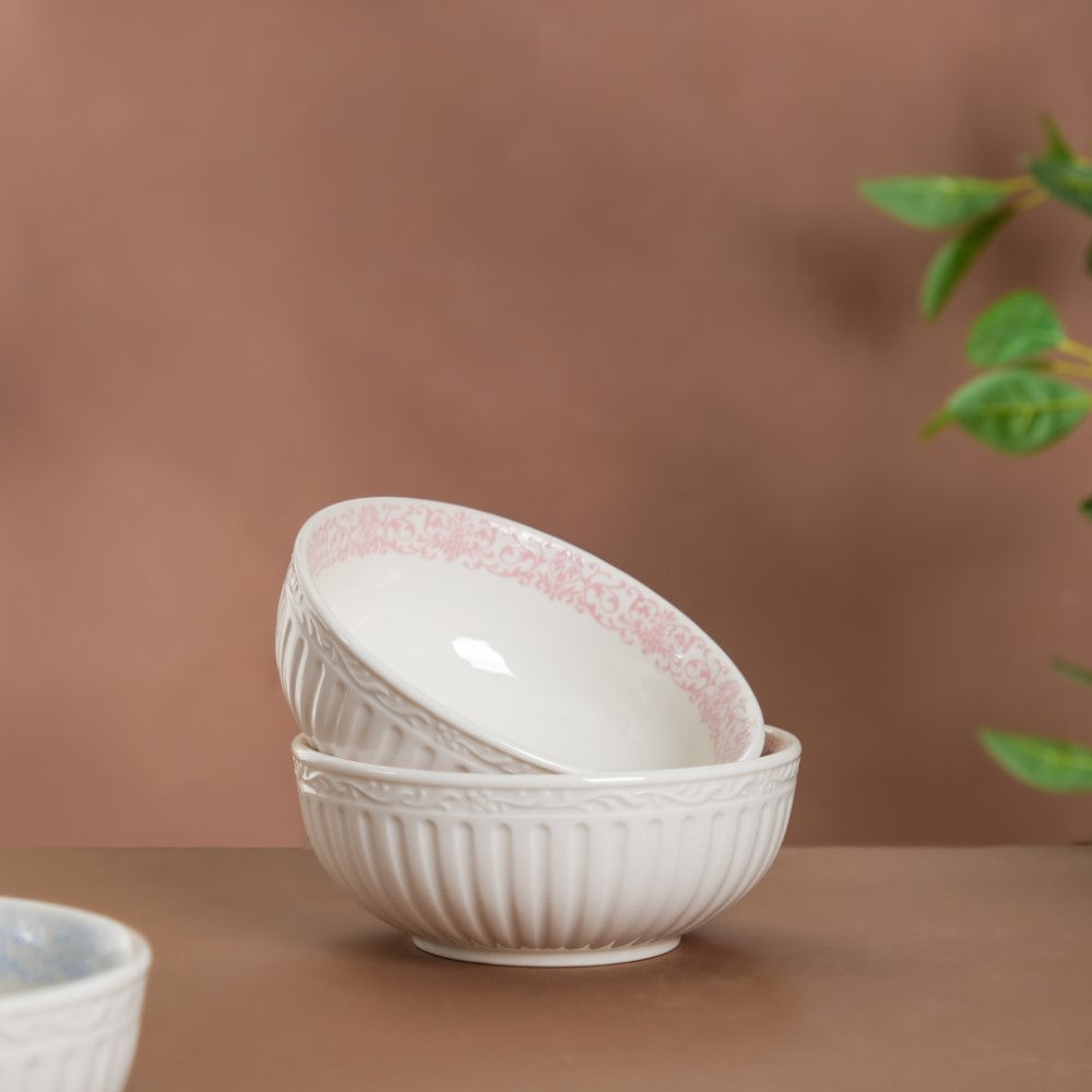 Engraved Rim Ceramic Snack Bowl Pink Set Of 2