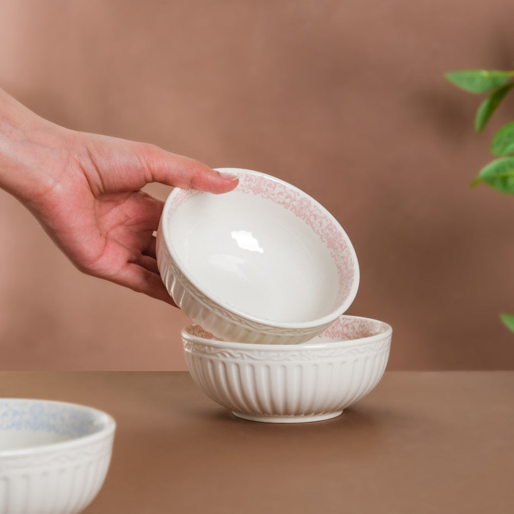 Engraved Rim Ceramic Snack Bowl Pink Set Of 2