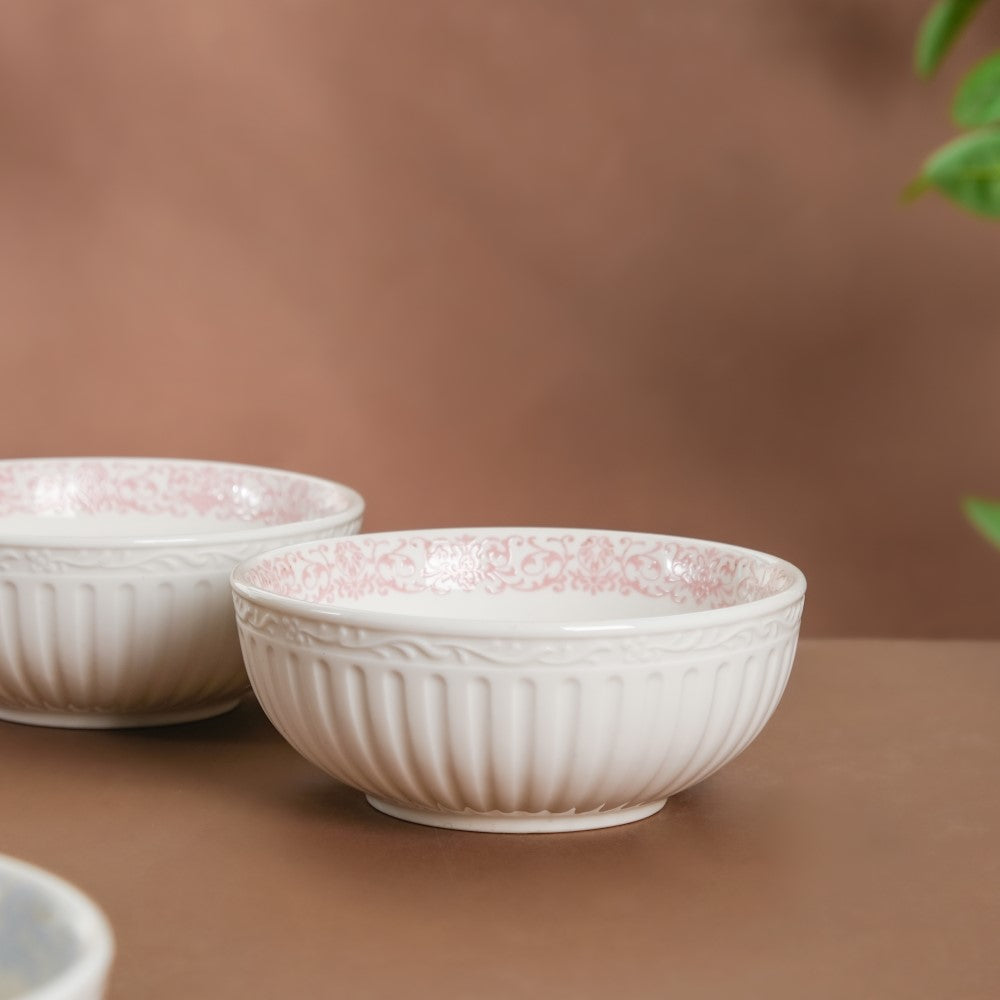 Engraved Rim Ceramic Snack Bowl Pink Set Of 2