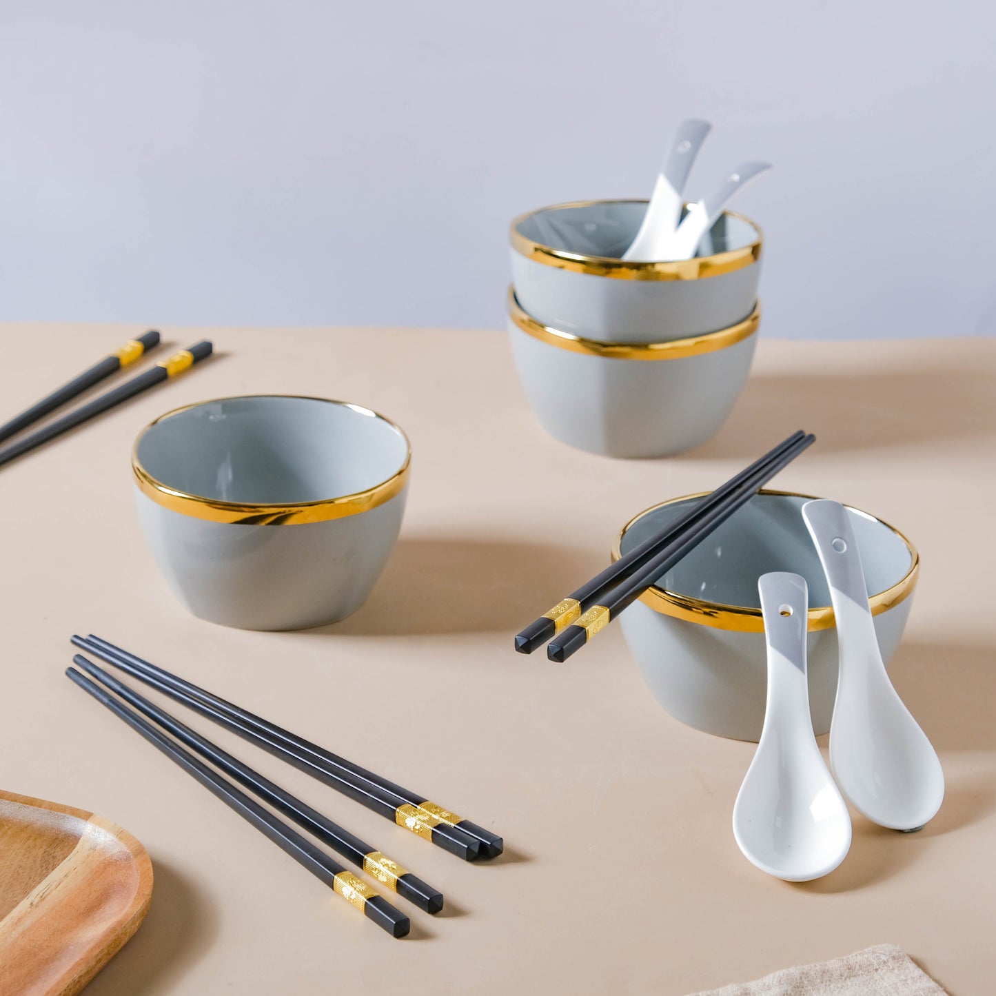 Gorgeous Grey Snack Bowl Set Of 4 With Chopsticks And Soup Spoons