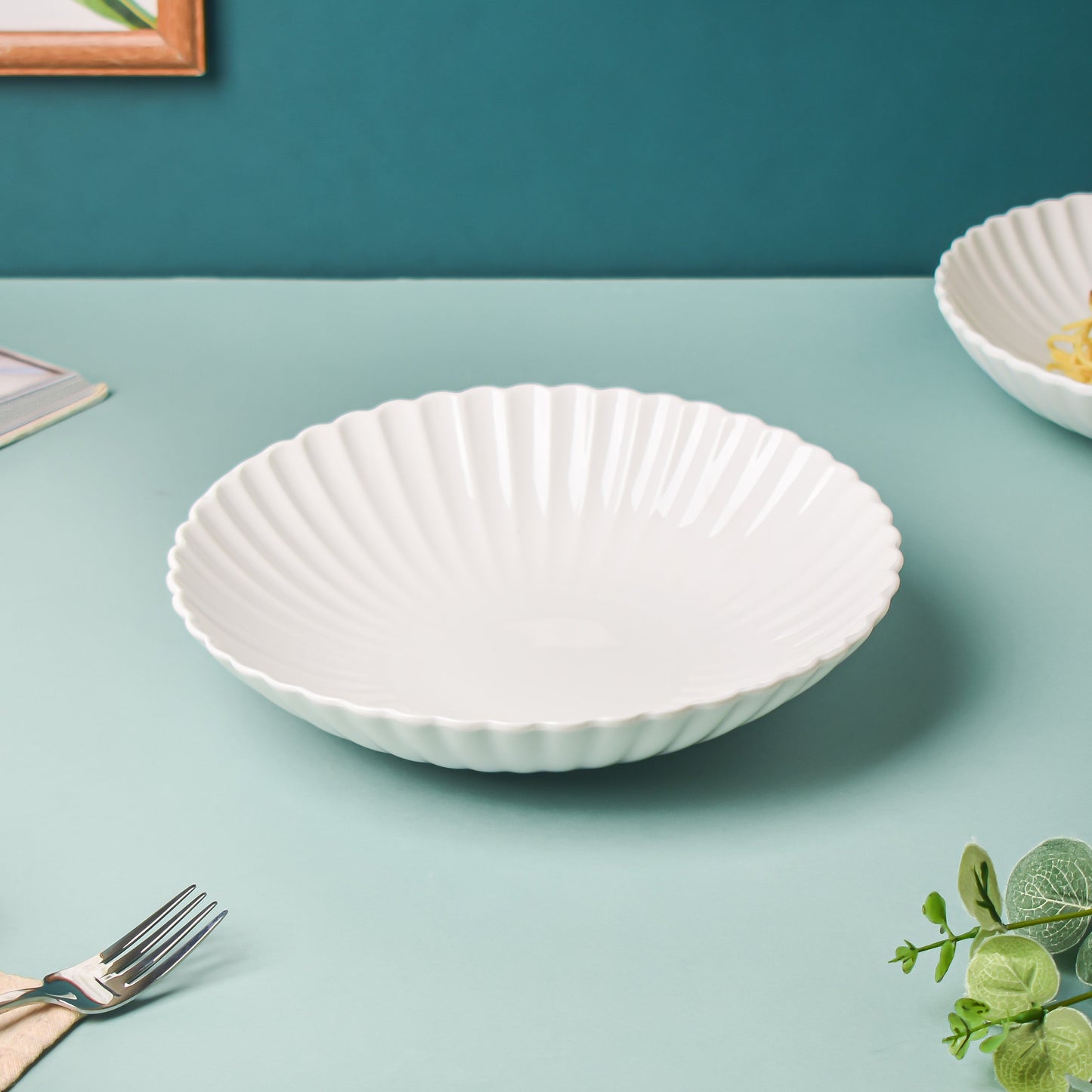 Riona Ribbed Ceramic Pasta Dish White 9 Inch