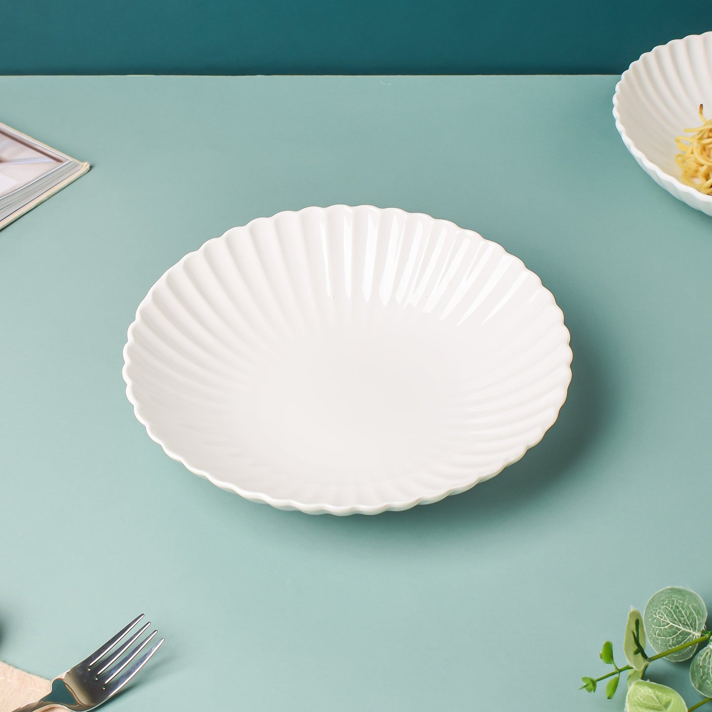 Riona Ribbed Ceramic Pasta Dish White 9 Inch