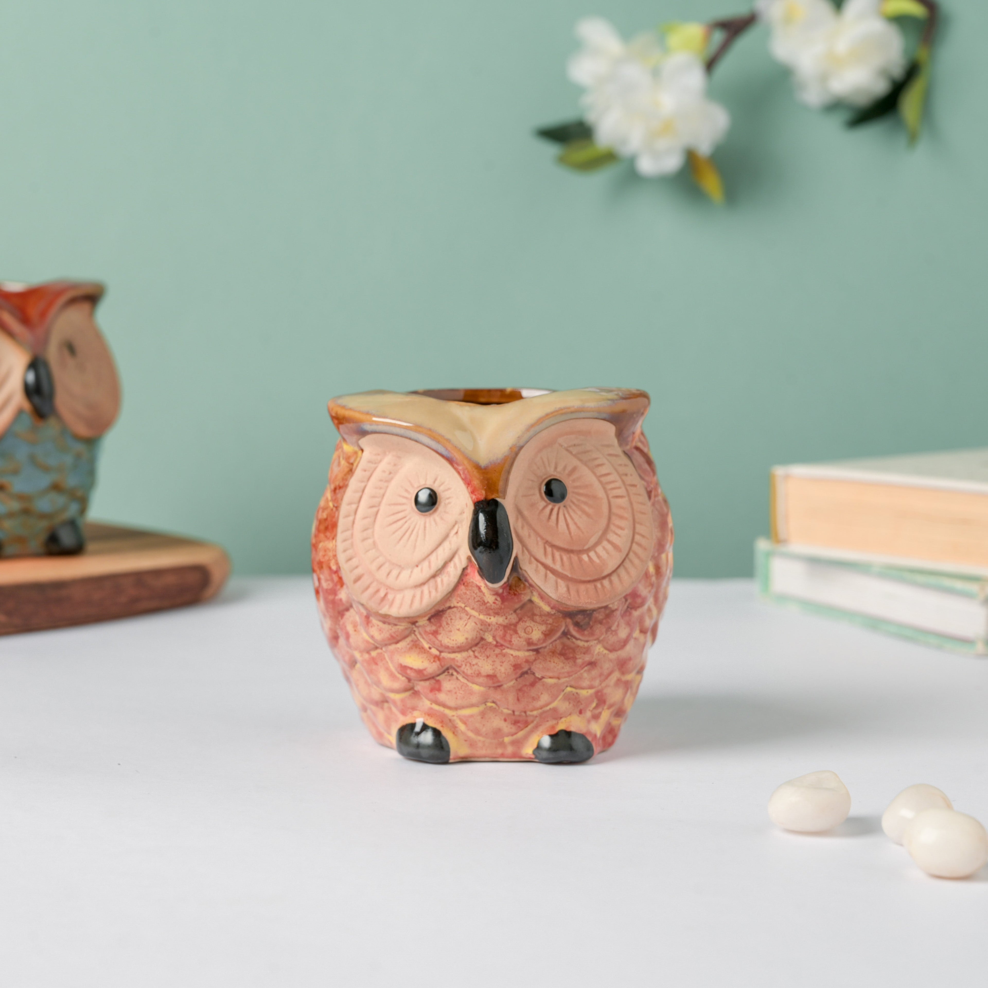 Orange Owl Ceramic Planter With Wooden Coaster