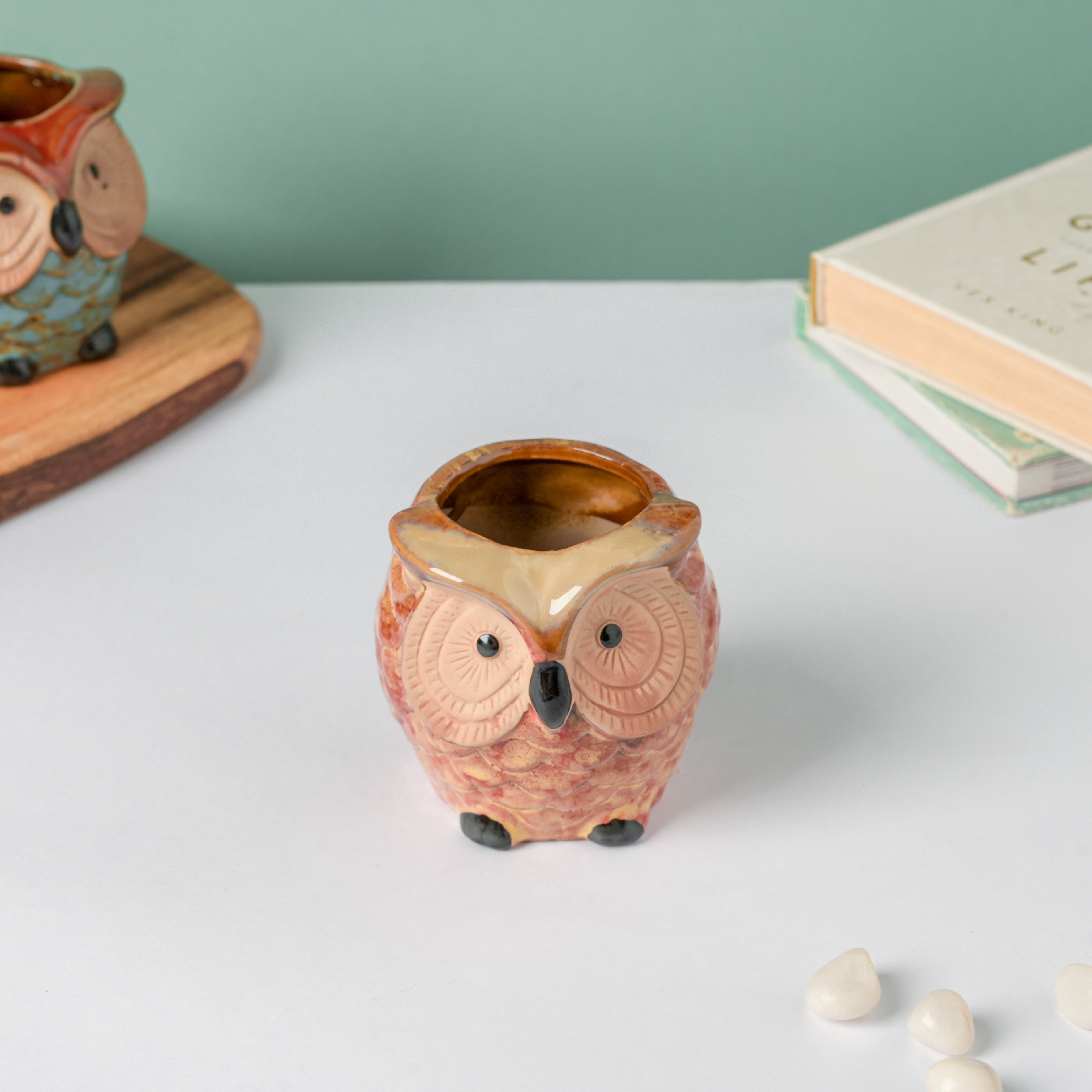 Orange Owl Ceramic Planter With Wooden Coaster