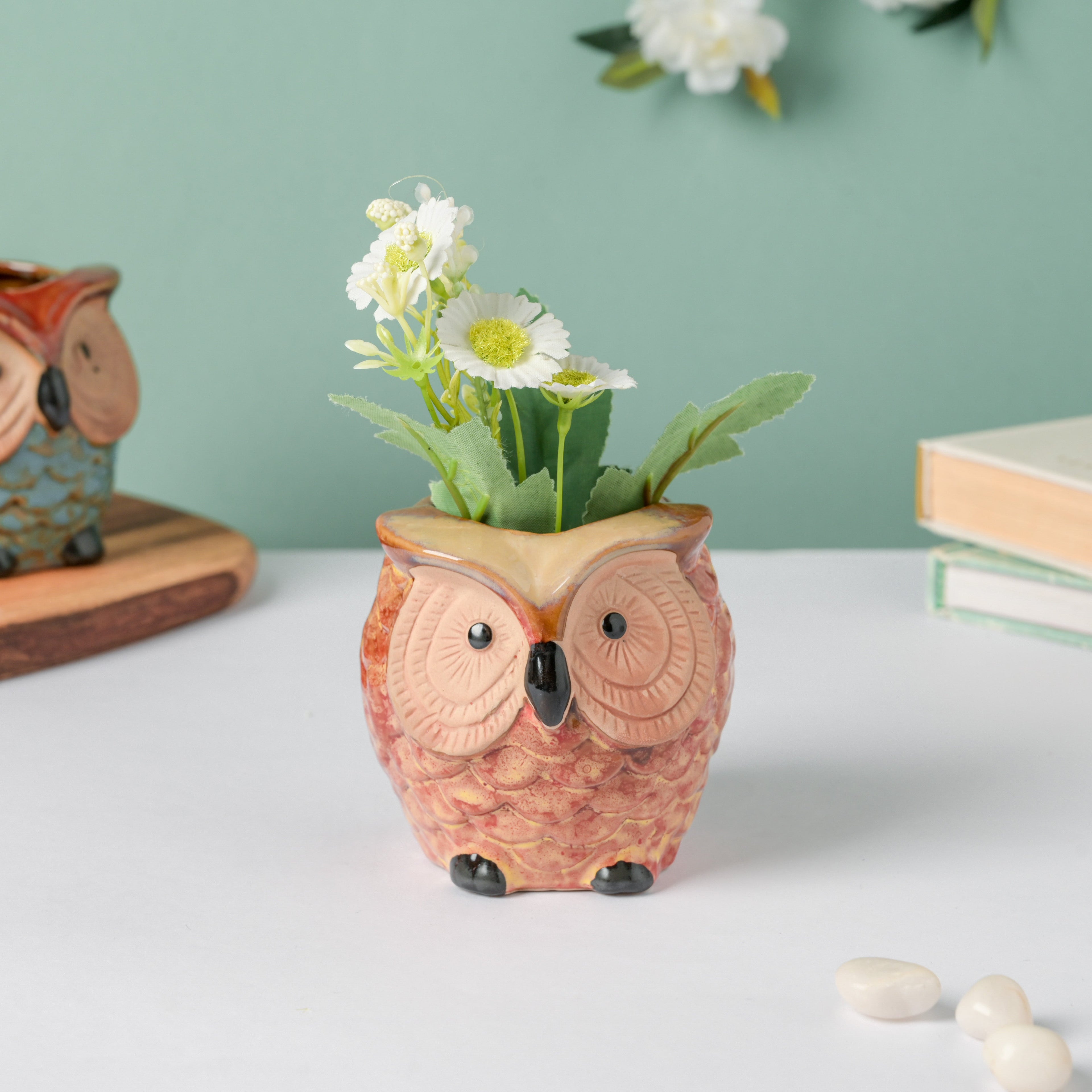 Orange Owl Ceramic Planter With Wooden Coaster