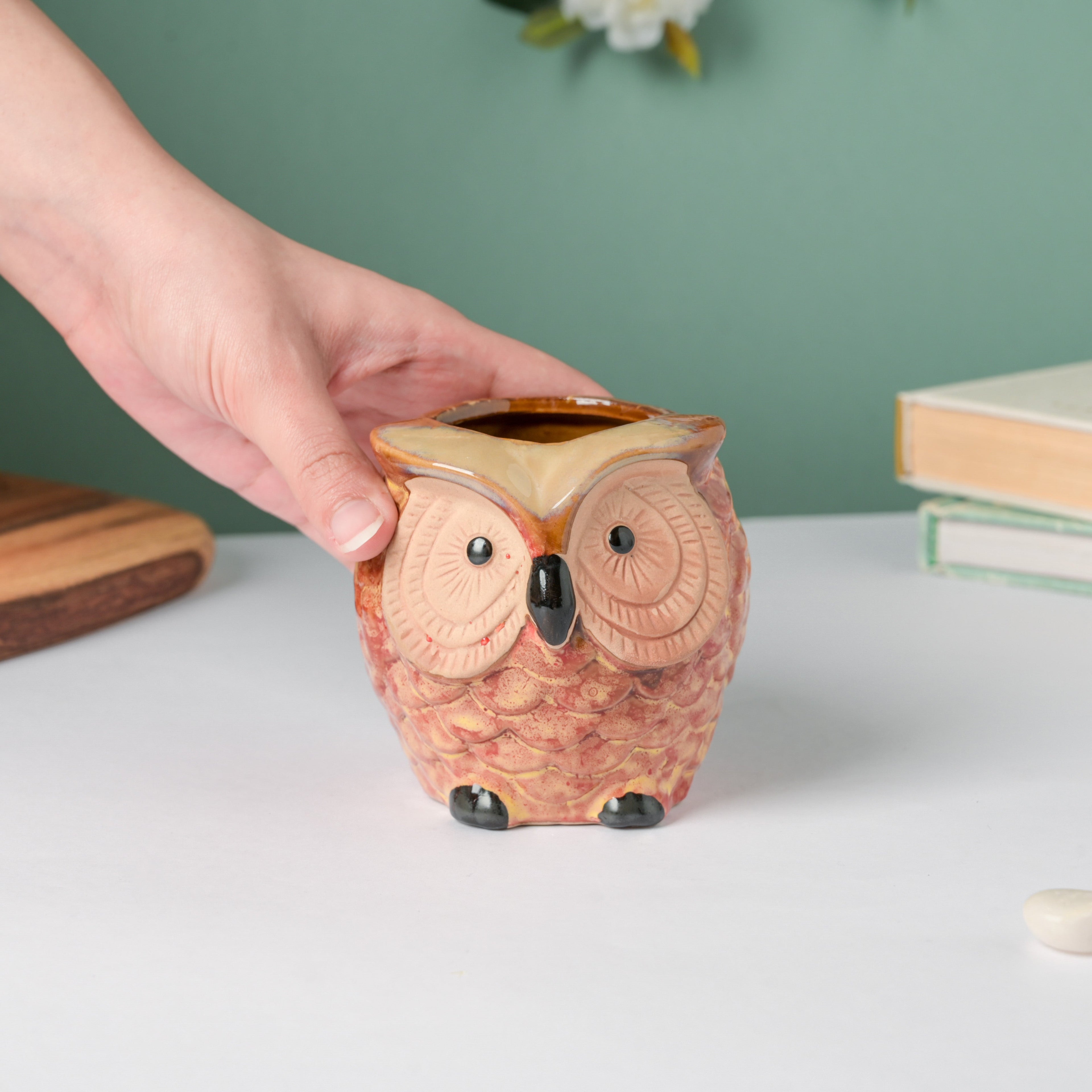 Orange Owl Ceramic Planter With Wooden Coaster