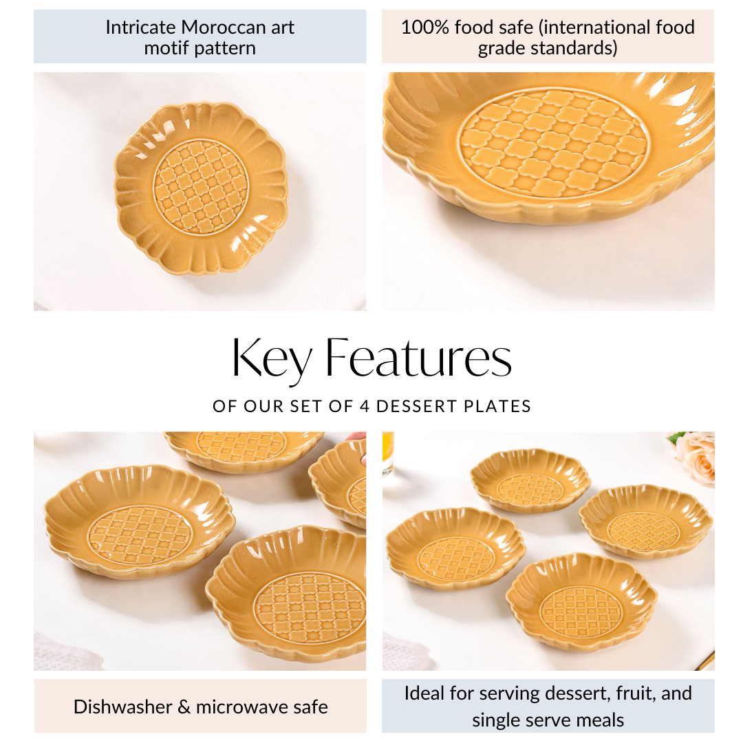 Moroccan Motif Dessert Plate Set Of 4 Yellow Ochre 6 Inch