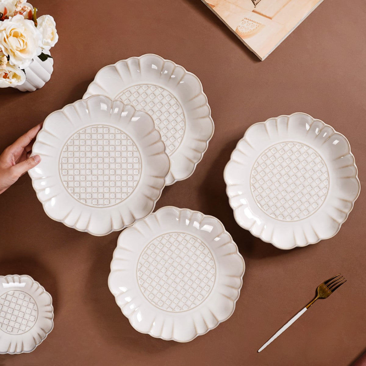 Luxury Ceramic Stoneware Dinner Plate Set Of 4 Ivory 10 Inch