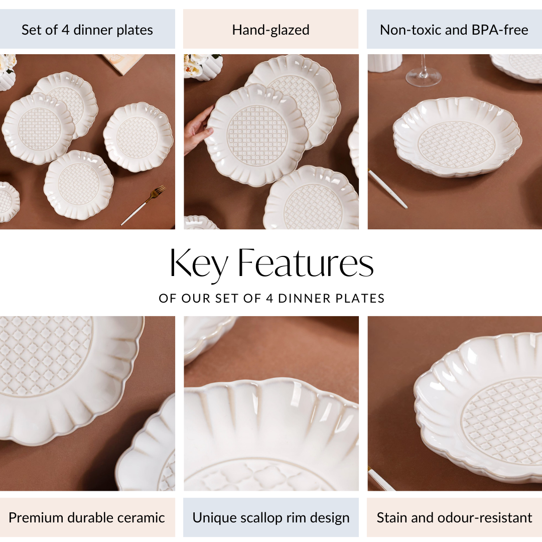 Luxury Ceramic Stoneware Dinner Plate Set Of 4 Ivory 10 Inch