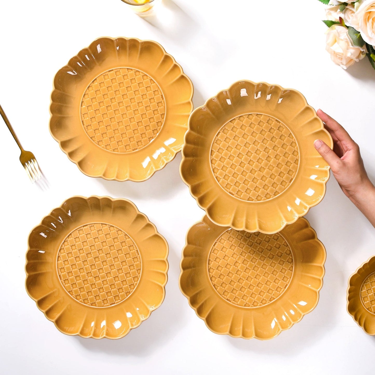 Scalloped Moroccan Dinner Plate Set Of 4 Yellow Ochre 10 Inch