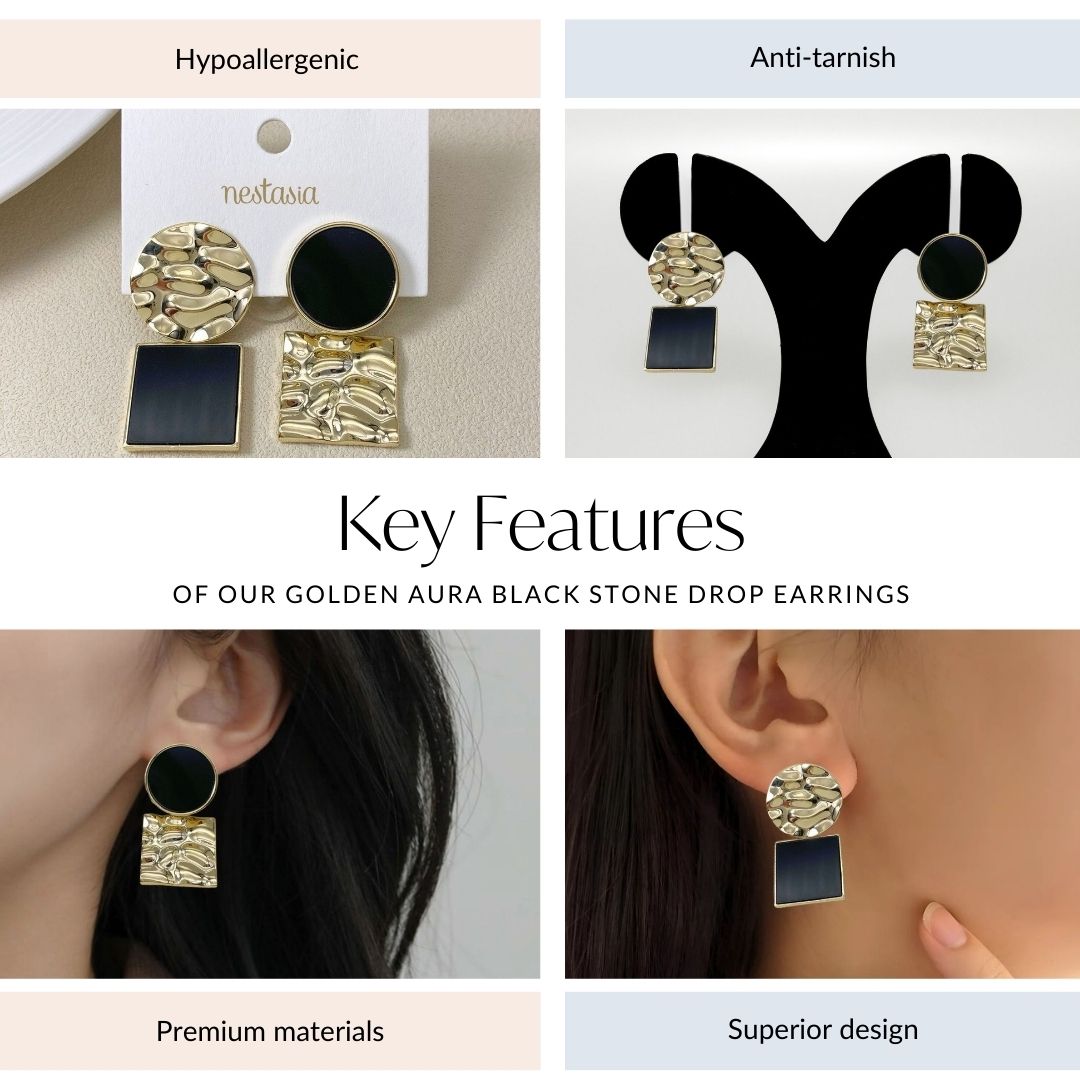Golden Aura Black Stone Drop Earrings