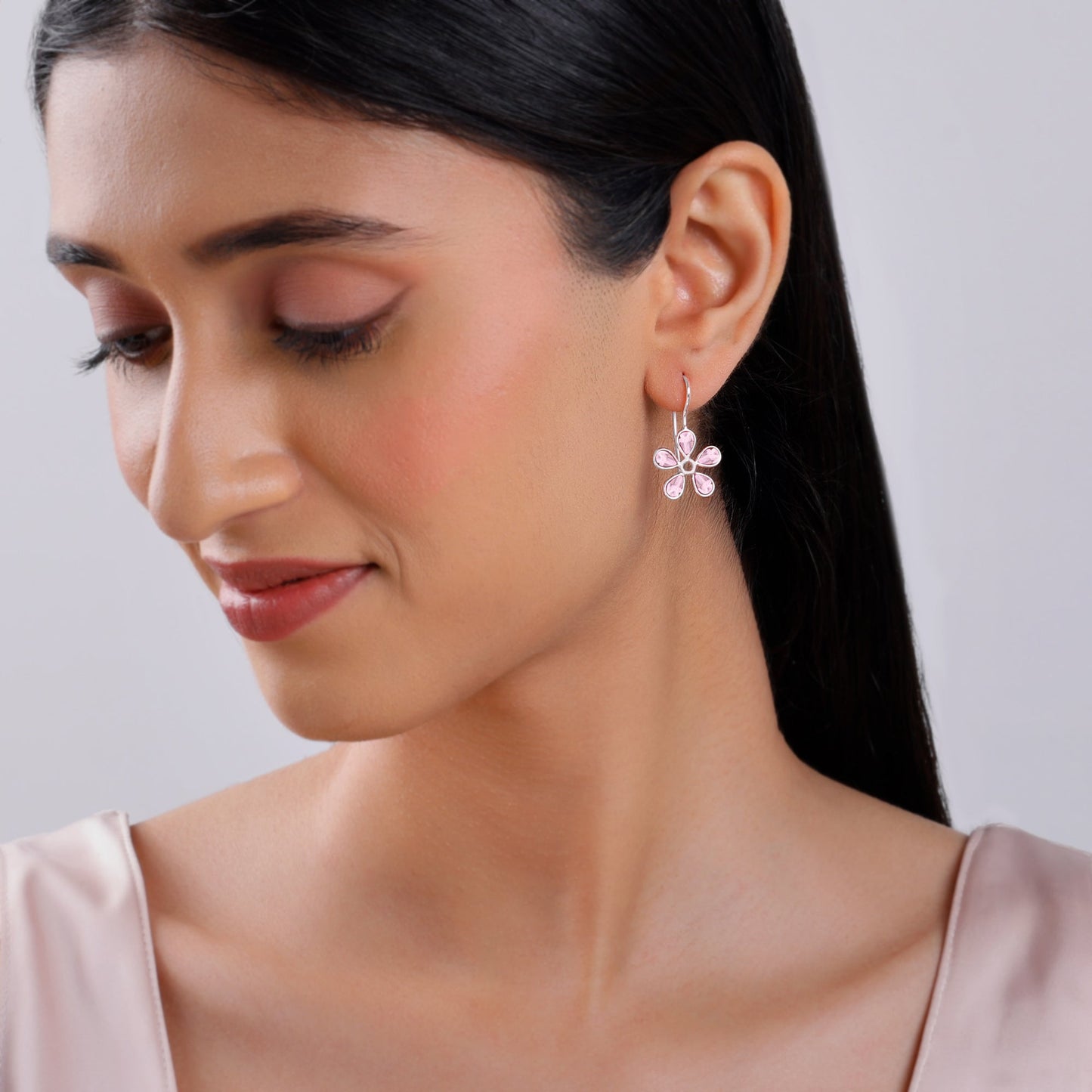 Silver Pink Dahlia Earrings