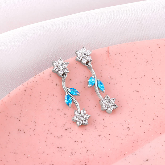 Silver Aqua Blue Floral Earrings