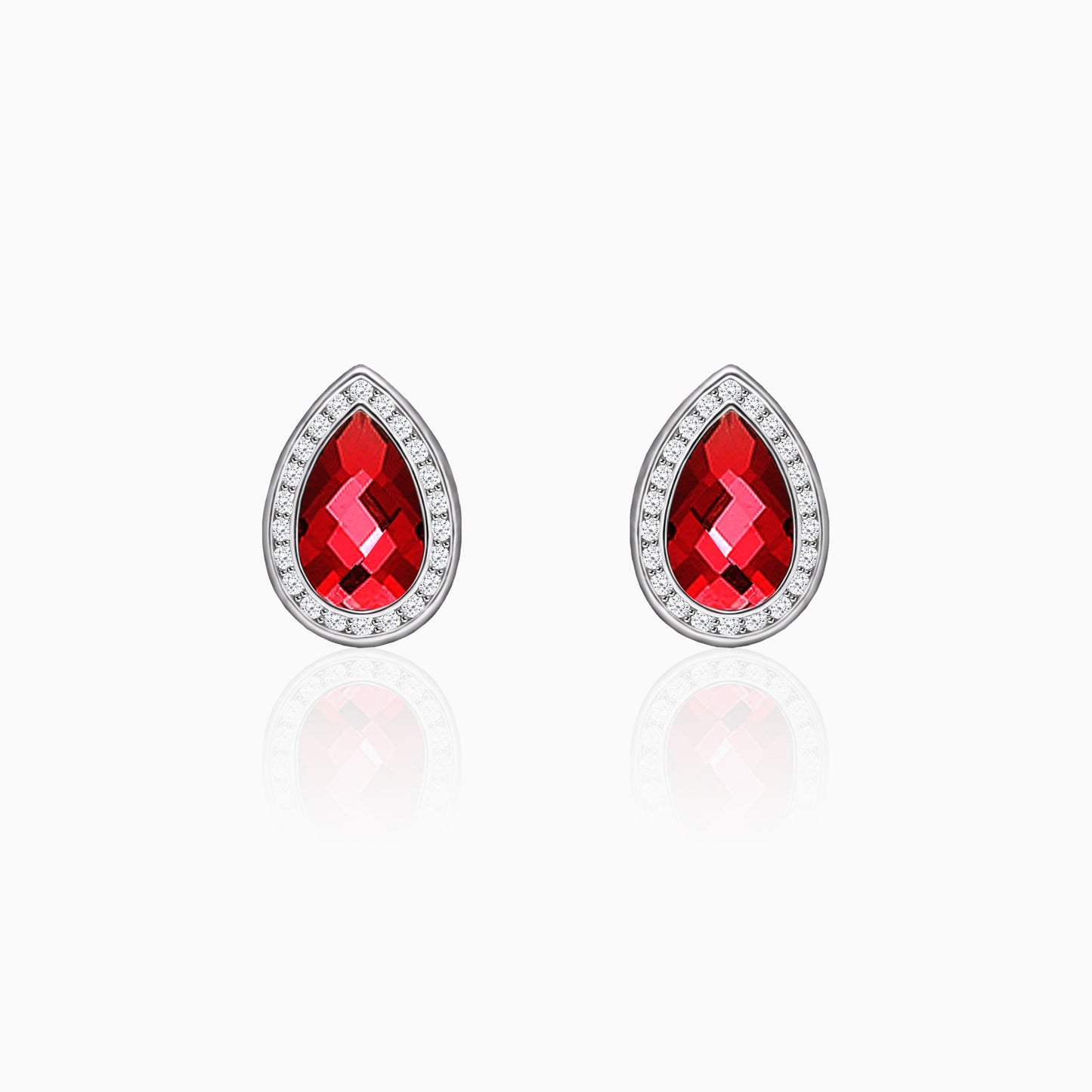 Silver Ruby Red Tear Drop Earrings