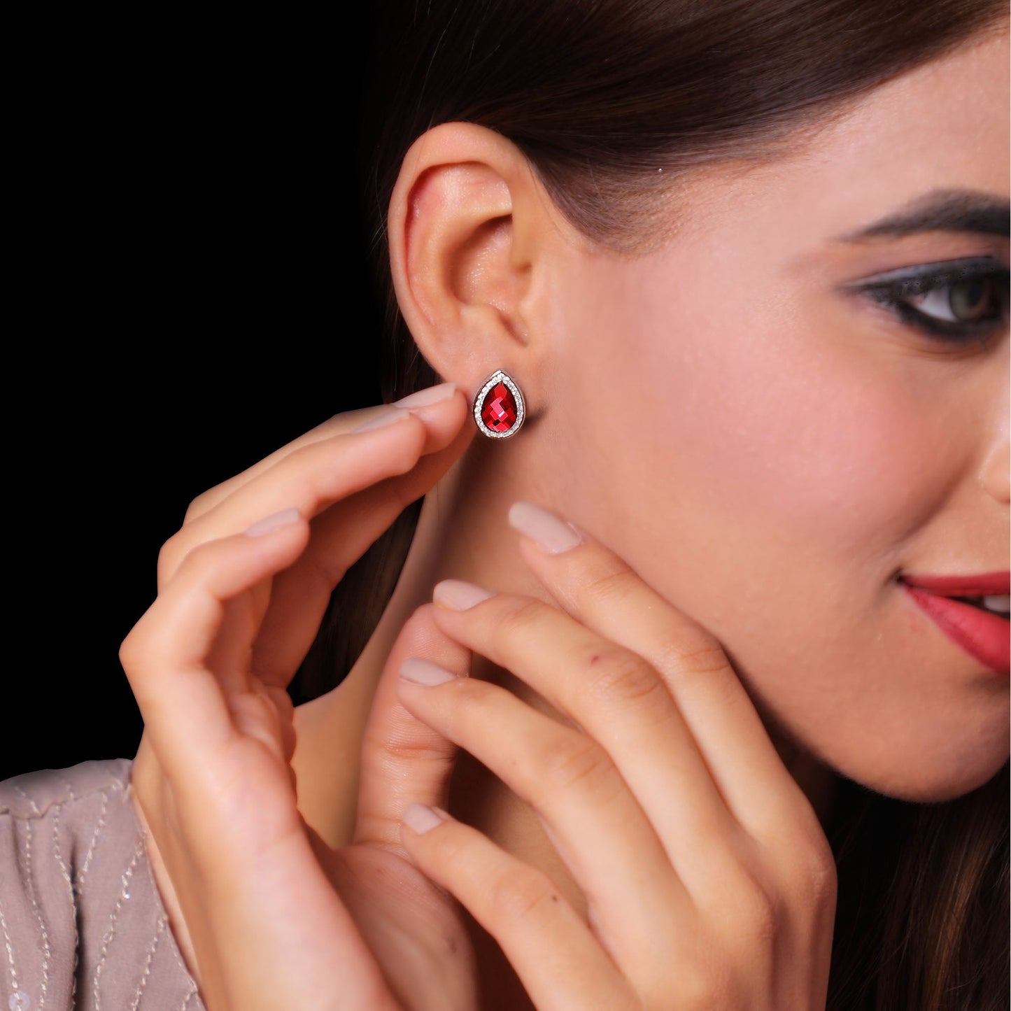 Silver Ruby Red Tear Drop Earrings
