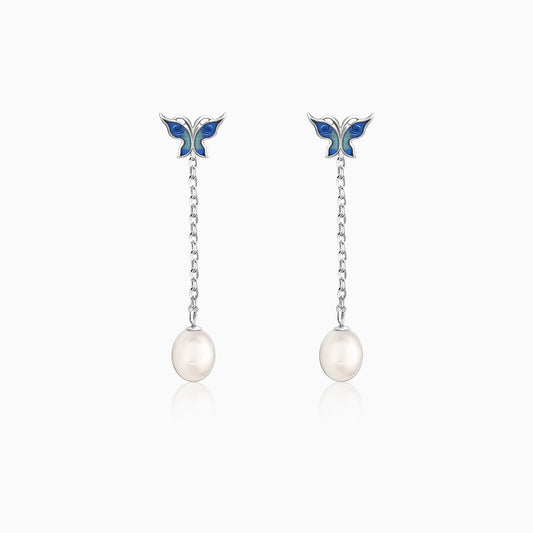 Silver Butterfly Pearl Dangle Earrings