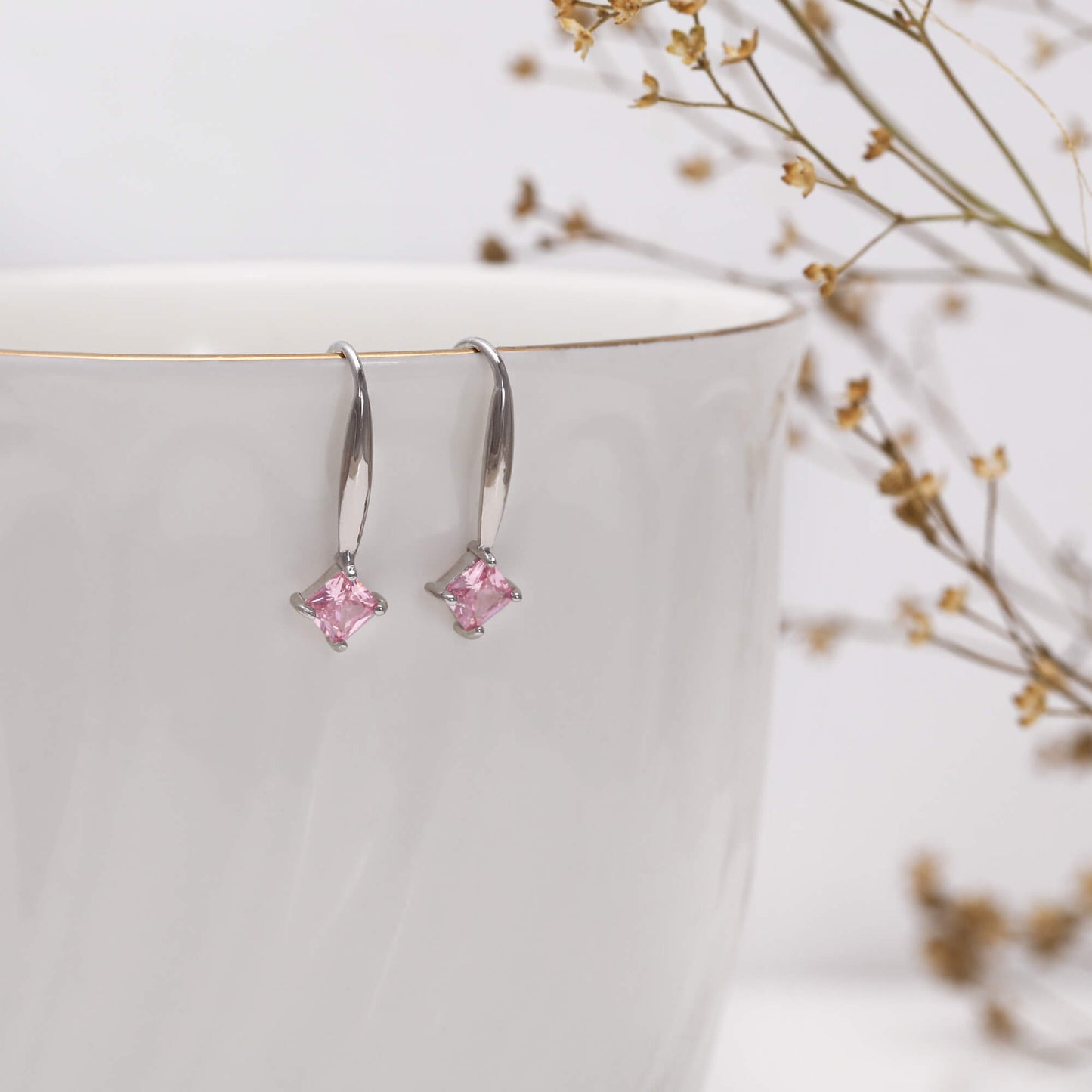 Silver Baby Pink Square Earrings