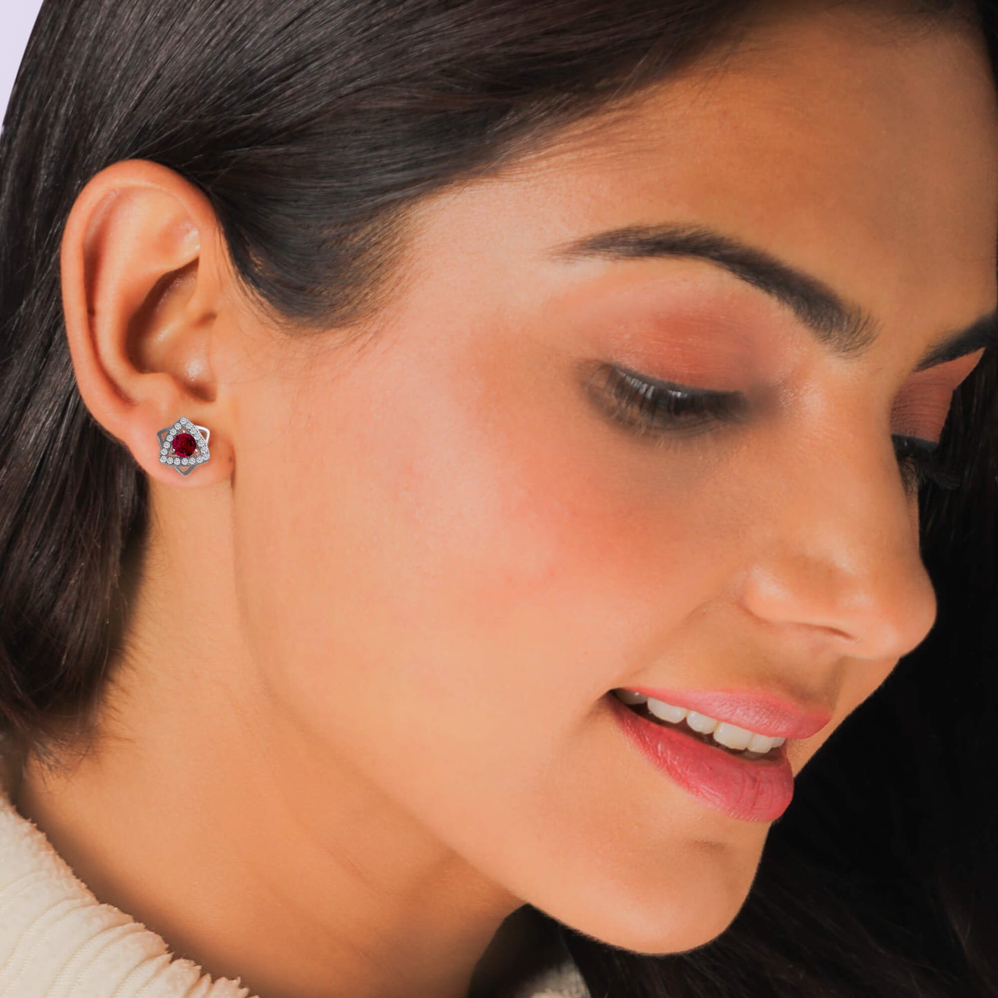 Silver Ruby Red Star Earrings