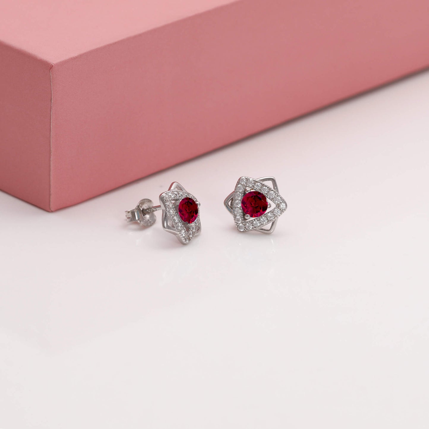 Silver Ruby Red Star Earrings