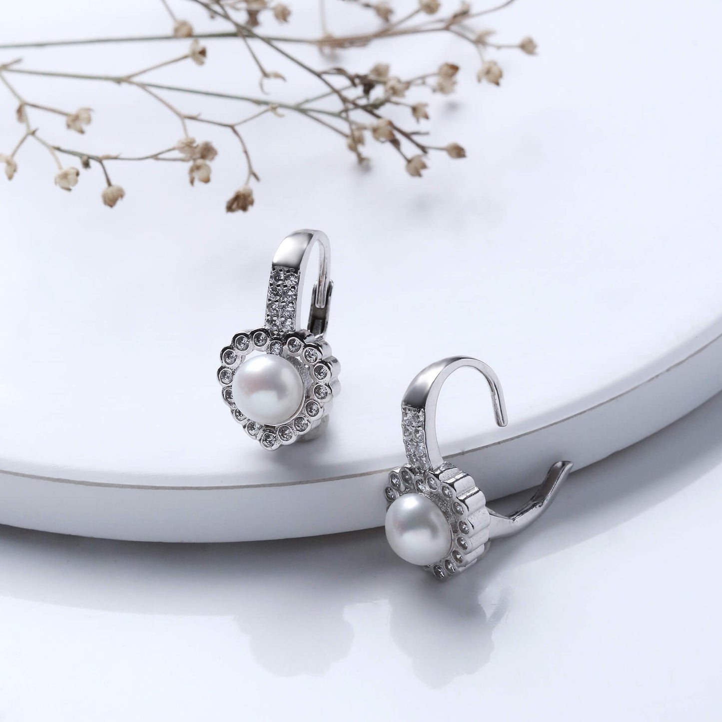 Silver Zircon Pearl Heart Earrings