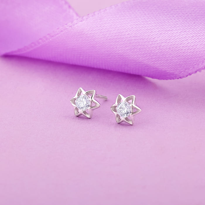 Silver Flower Star Stud Earrings