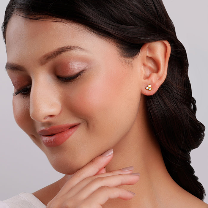 Golden Three-Stoned Stud  Earrings