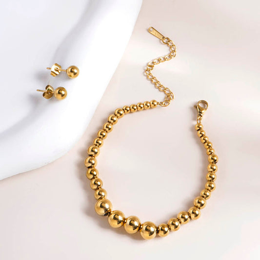 Plain Ball Stud Earrings & Gold Beaded Bracelet Combo Set