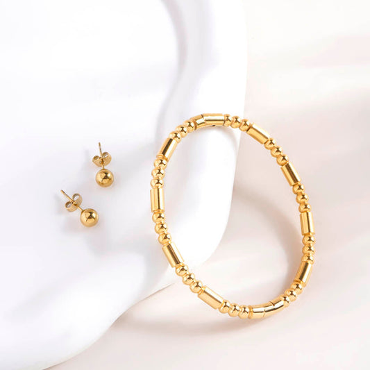 Plain Ball Stud Earrings & Golden Stream Bangle Bracelet Combo Set