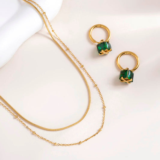 Emerald Hoop Earrings & Double layer choker necklace Combo Set