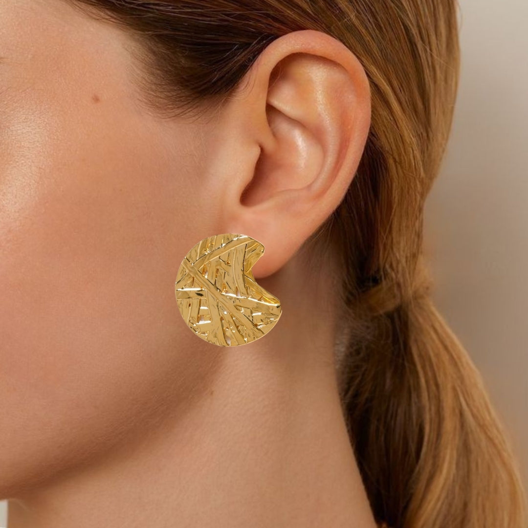 Gold Abstract Textured Round Statement Earrings