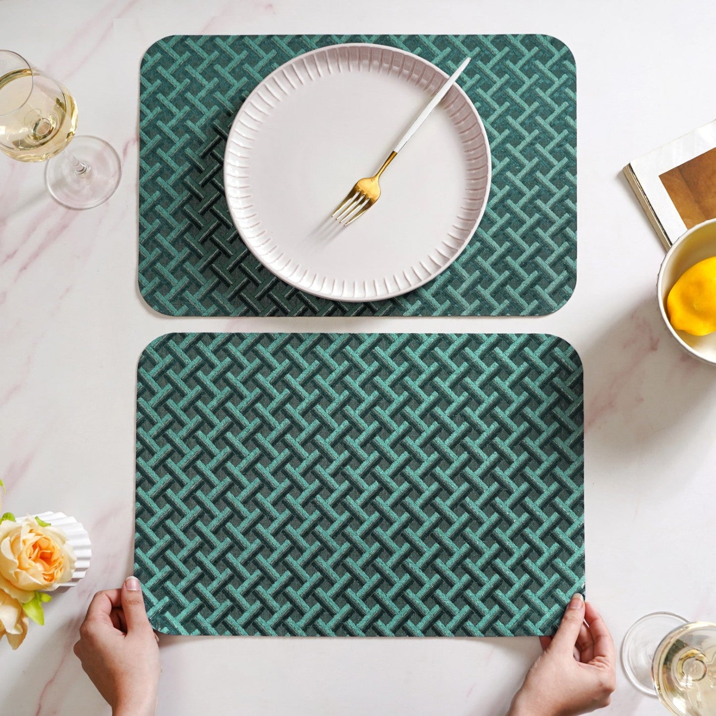 Emerald Green Basket Pattern Tablemat Set Of 6