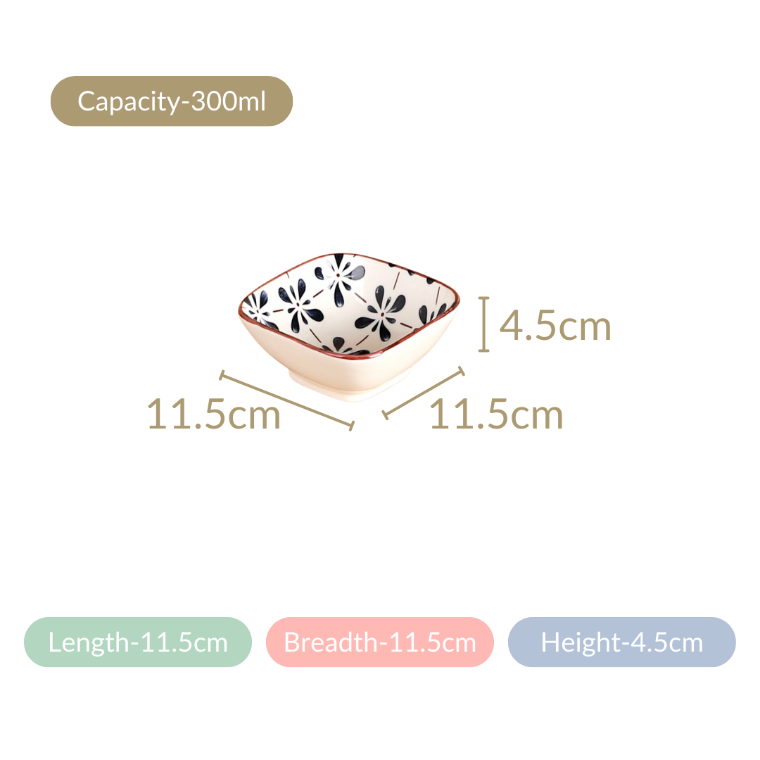 Floral Square Ceramic Bowls Set Of 4 Blue 300ml