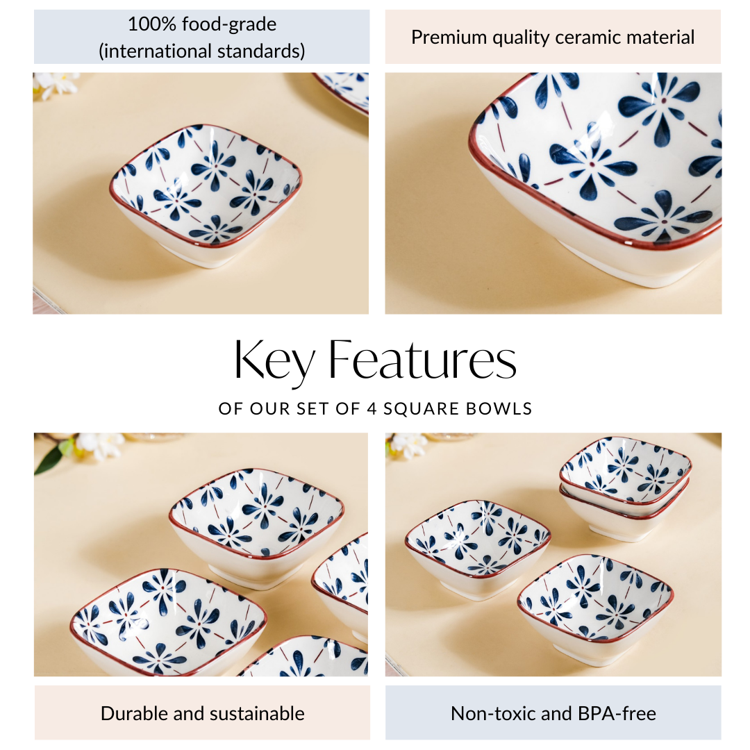 Floral Square Ceramic Bowls Set Of 4 Blue 300ml