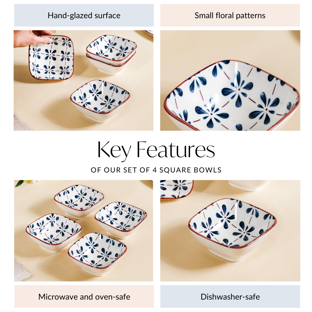 Floral Square Ceramic Bowls Set Of 4 Blue 300ml