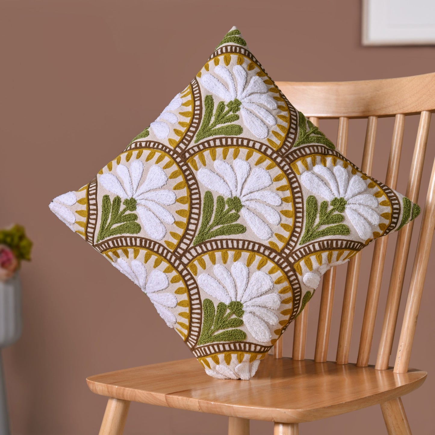 Flower Arches Embroidered Cushion Cover Beige 40x40cm