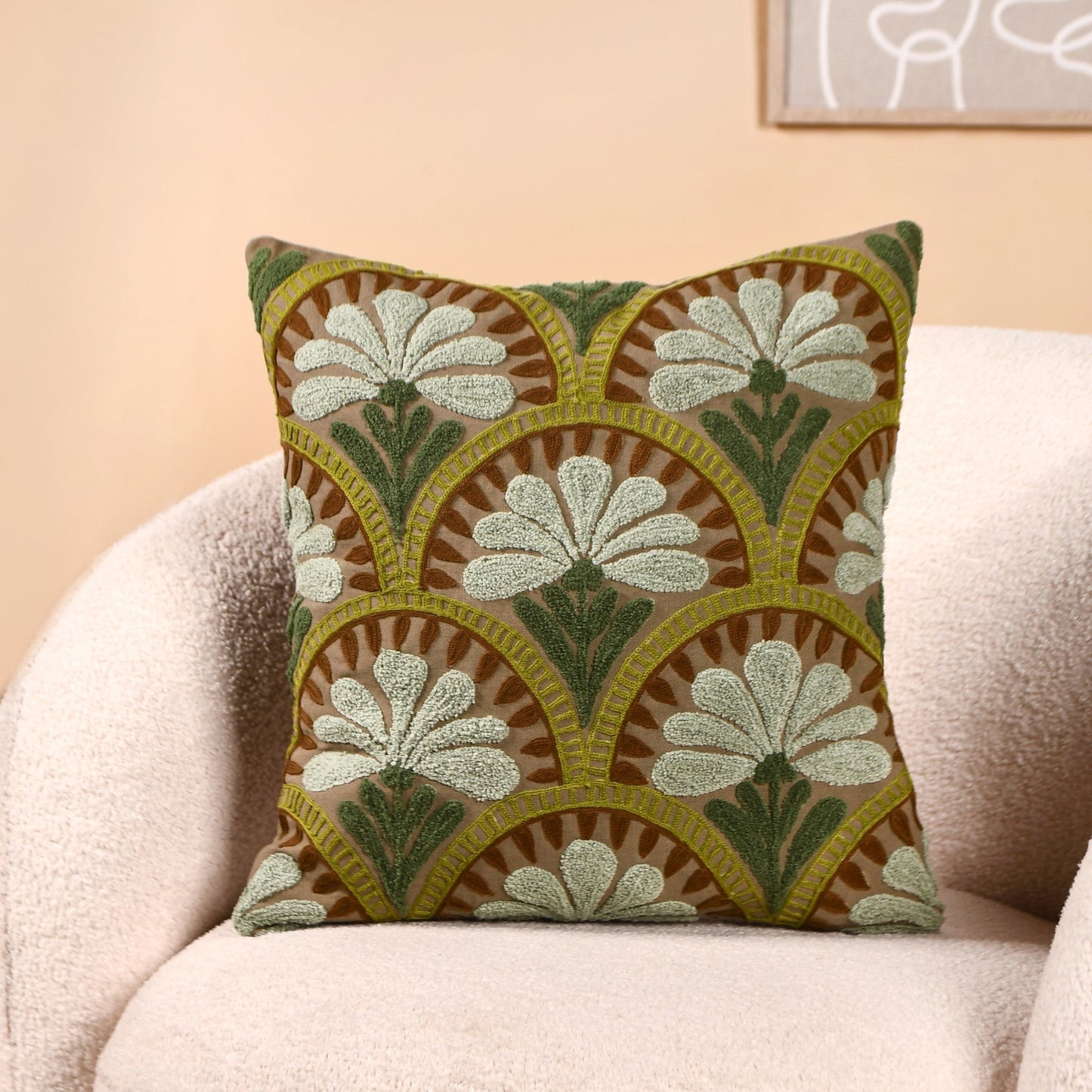 Flower Arches Embroidered Cushion Cover Green 40x40cm