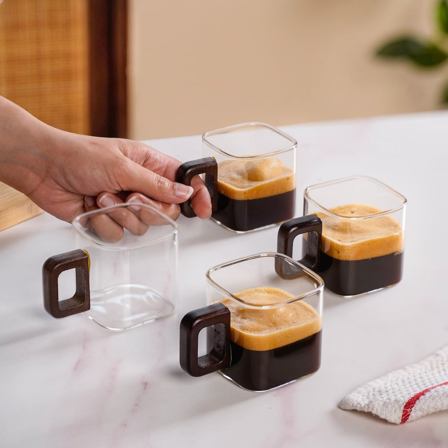 Fusion Square Glass Cups With Wooden Handle Set Of 4 200ml