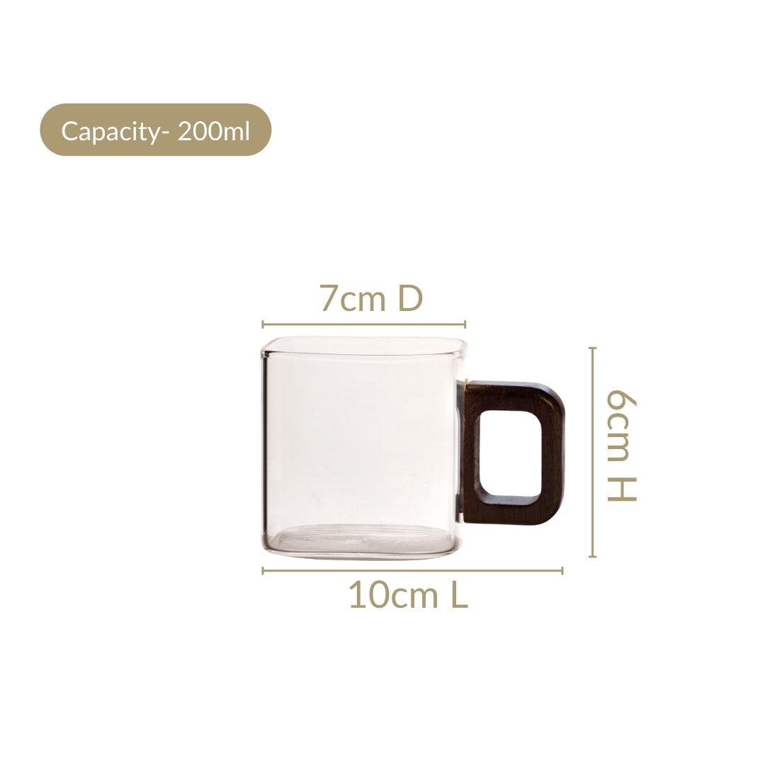 Fusion Square Glass Cups With Wooden Handle Set Of 4 200ml