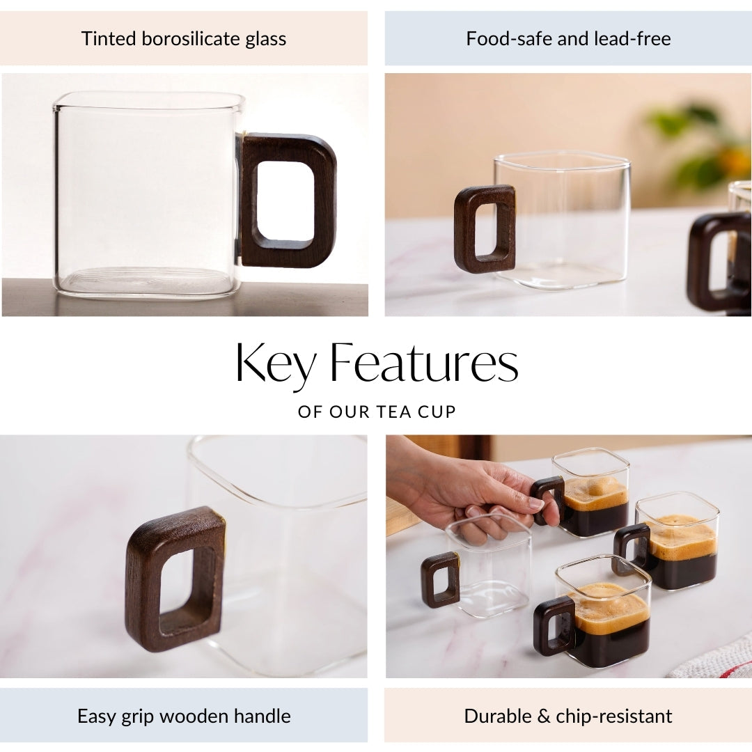 Fusion Square Glass Cups With Wooden Handle Set Of 4 200ml