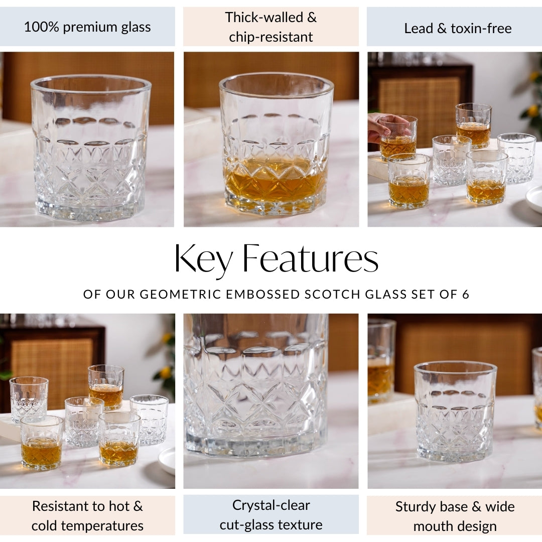 Geometric Embossed Scotch Glass Large Set Of 6 310ml